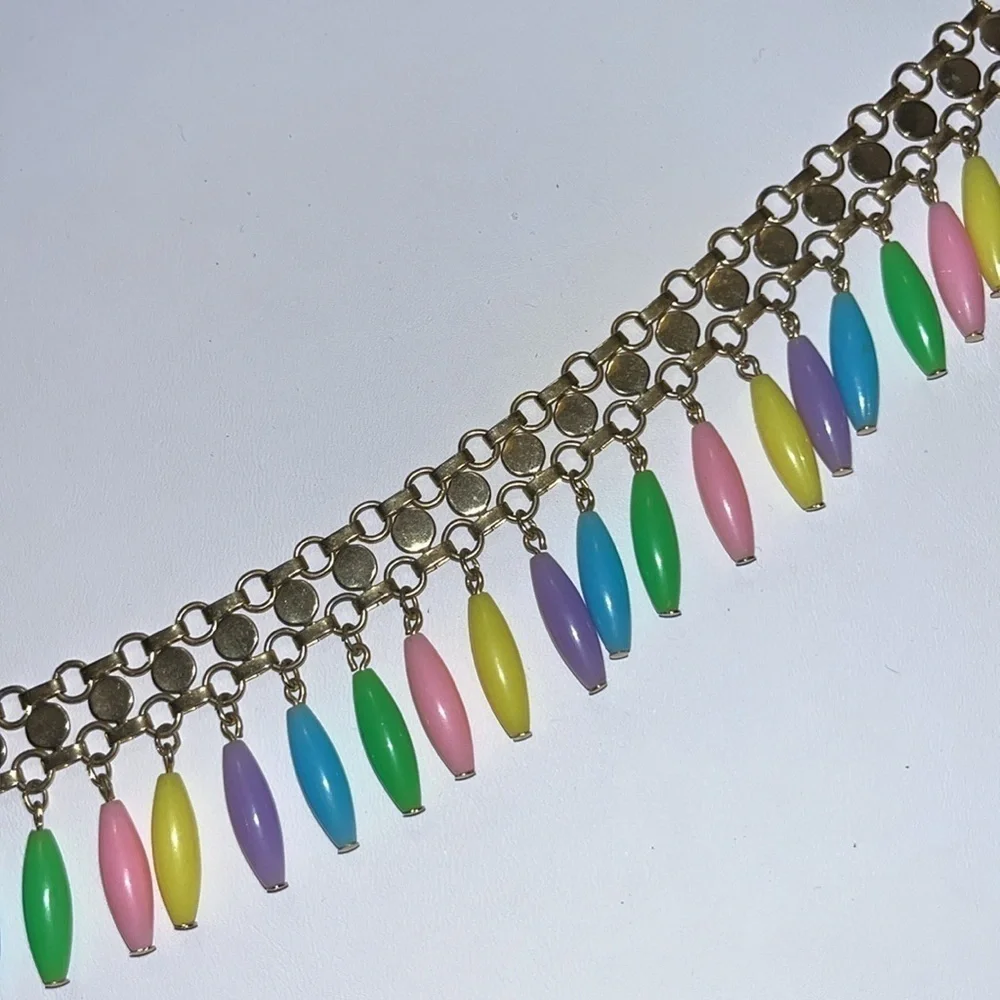 Pretty Pastel vintage plastic beaded fringe necklace gold tone fairy whimsical